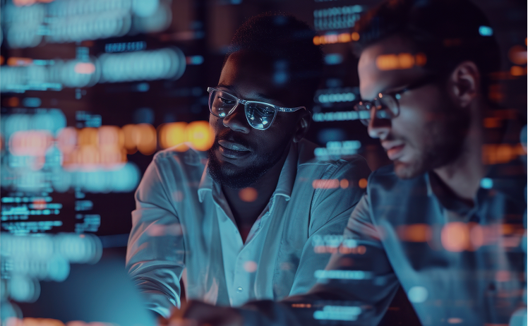 Two workers with abstract data graphics floating around them