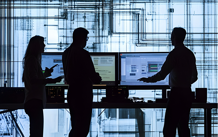 Three workers troubleshooting in front of a screen